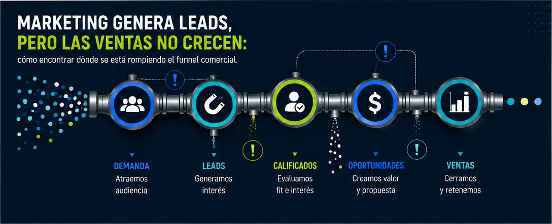 Diagrama Fix 2 Scale del funnel comercial: demanda, leads, calificados, oportunidades y ventas con las fugas señaladas